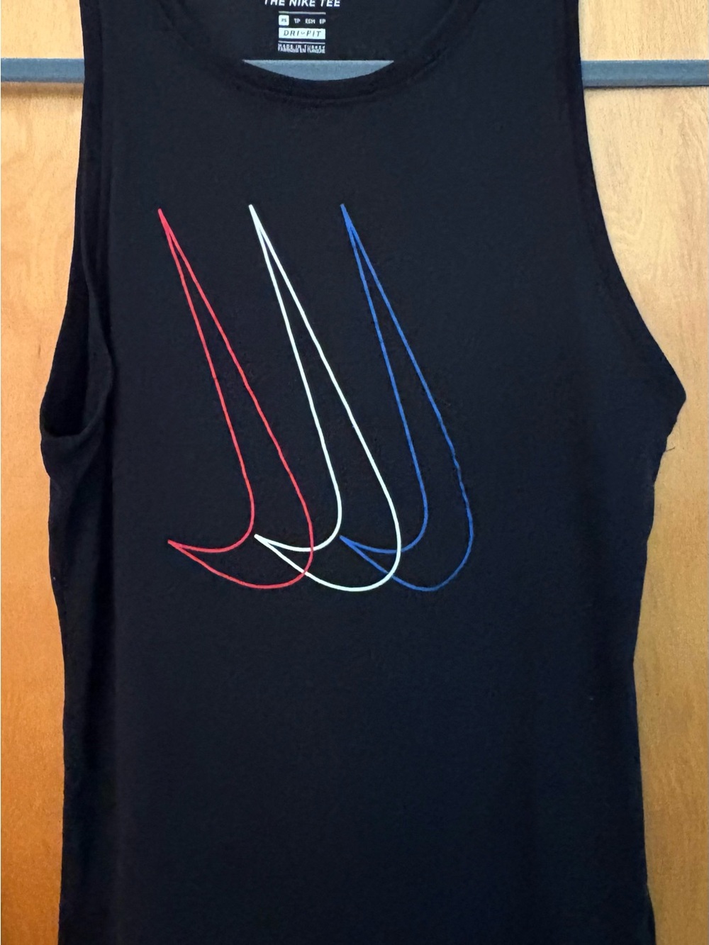 Nike Women’s Black Dri-FIT Graphic Training Tank - Red/White/Blue Swooshes